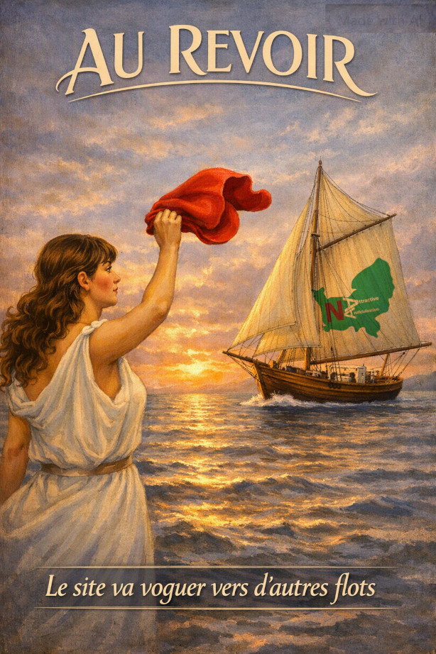 Marianne salue de son bonnet phrygien un voilier partant en mer, qui porte sur la grand voile le logo de "Normandie Artificialisation". Le texte "au revoir" figure en haut, et "le site va voguer vers d'autres flots" figure en bas. Illustration de style peinture à l'huile.